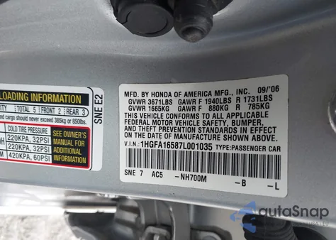 2007 Honda Civic Lx from USA, damaged, VIN 1HGFA16587L001035